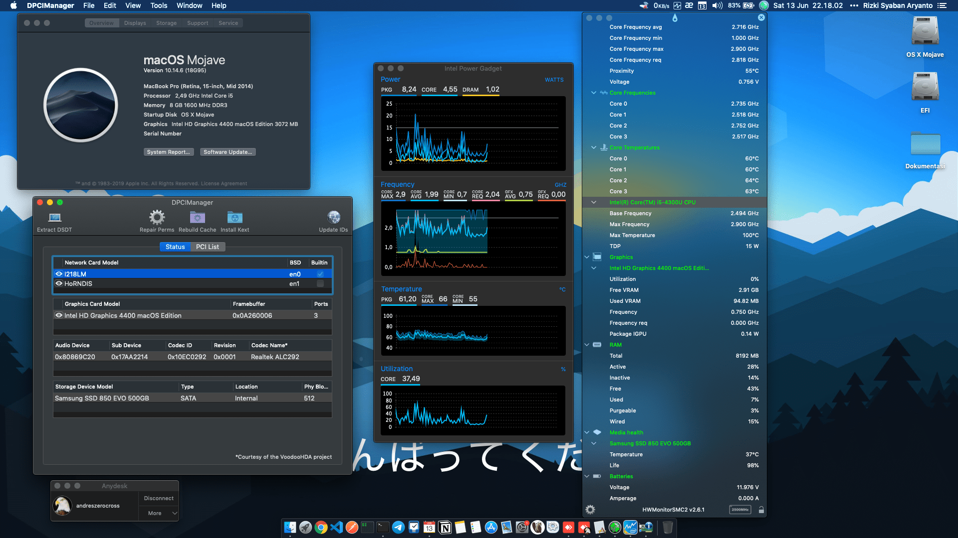 Success Hackintosh macOS Mojave 10.14.6 Build 18G95 at Lenovo Thinkpad X240